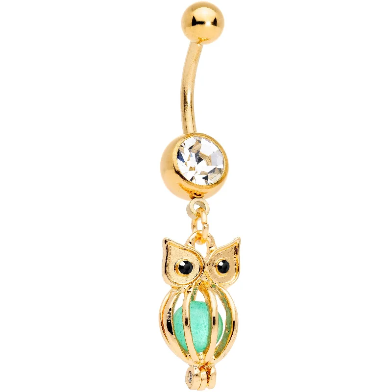 Belly Rings with Vintage Charm -Black Clear Gem Gold Tone Glow in the Dark Owl Dangle Belly Ring Belly Rings with Vintage Charm -Black Clear Gem Gold Tone Glow in the Dark Owl Dangle Belly Ring