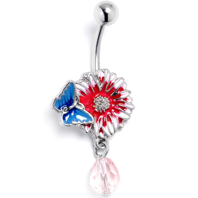 Stylish Belly Rings for Modern Women -Pink Gem Passion Flower Butterfly Dangle Belly Ring Stylish Belly Rings for Modern Women -Pink Gem Passion Flower Butterfly Dangle Belly Ring