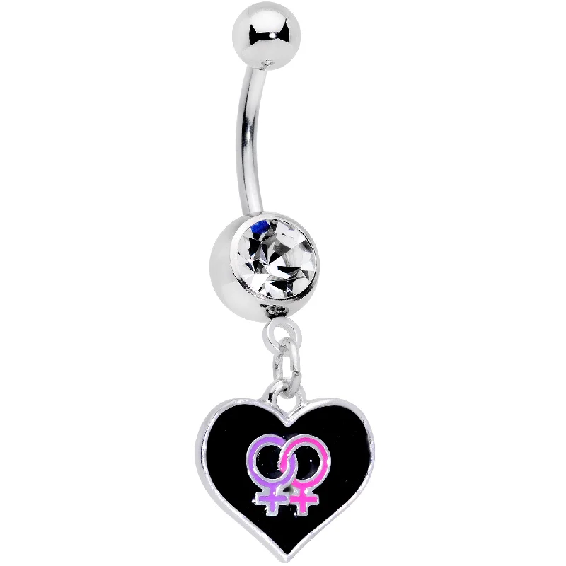 Belly Rings for Fashionable Women -Clear Gem Lesbian Love Heart Dangle Belly Ring