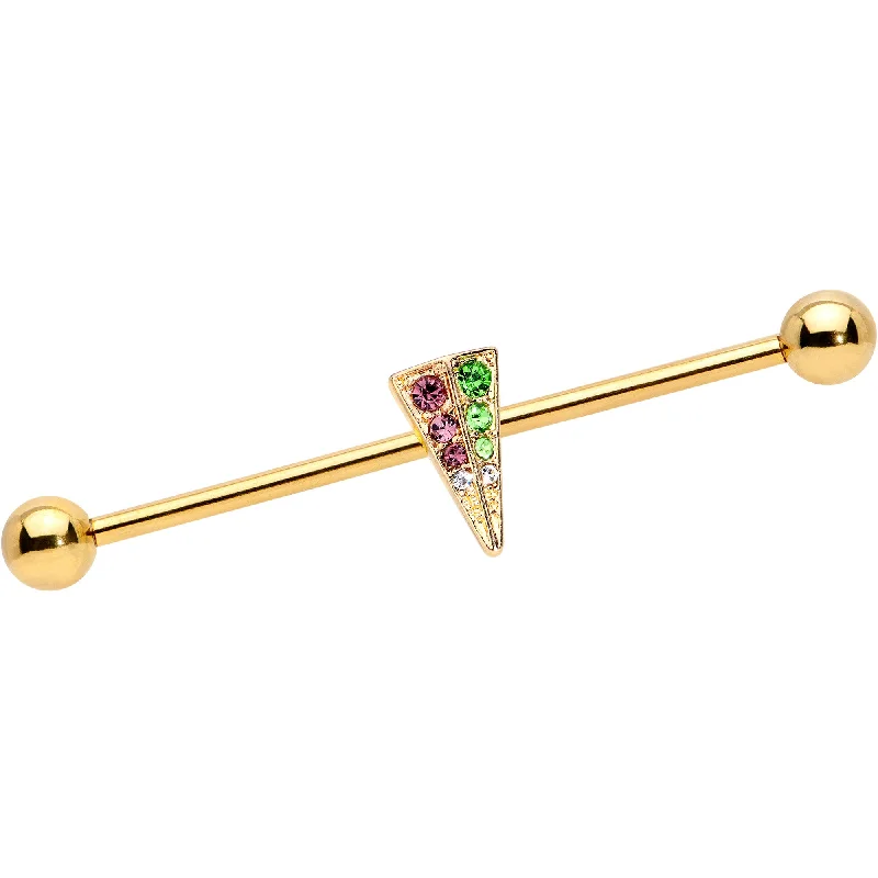 Women's Earrings – Elegant Designs for Every Personality--14 Gauge Pink Green Gem Gold Tone Triangle Industrial Barbell 38mm Women's Earrings – Elegant Designs for Every Personality--14 Gauge Pink Green Gem Gold Tone Triangle Industrial Barbell 38mm
