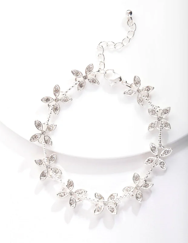 Simple Yet Elegant Bangles for Women-Silver Crystal Silk Flower Bracelet