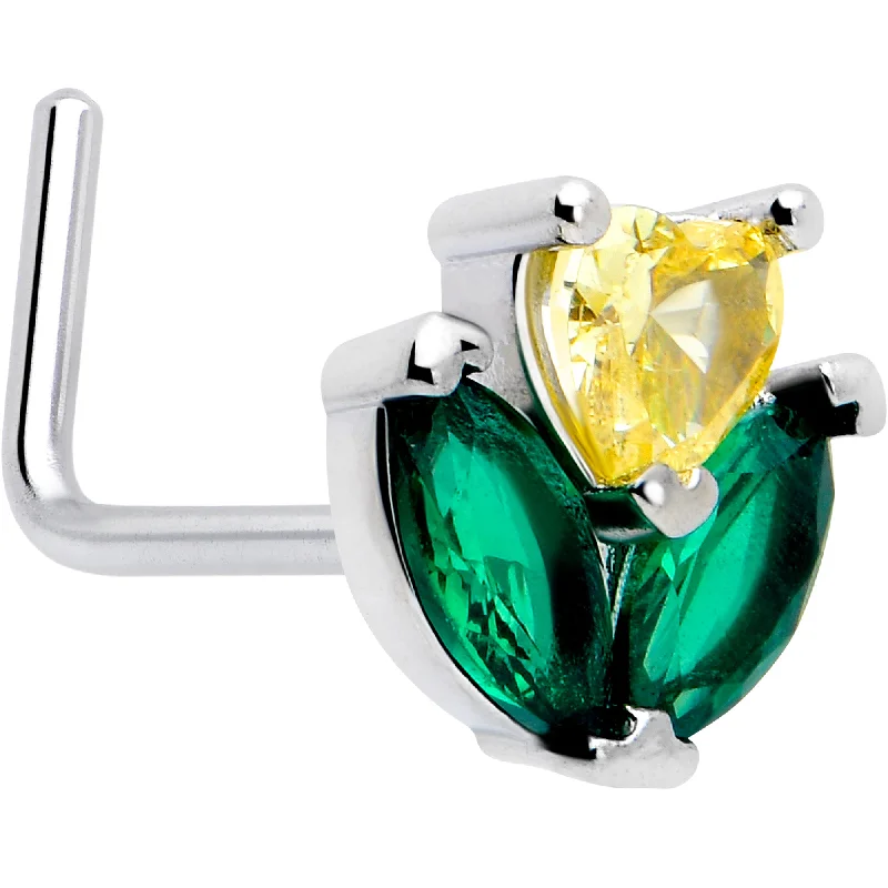 Nose Rings with Stunning Designs -20 Gauge 7mm Yellow Green CZ Gem Love Flower L Shape Nose Ring Nose Rings with Stunning Designs -20 Gauge 7mm Yellow Green CZ Gem Love Flower L Shape Nose Ring