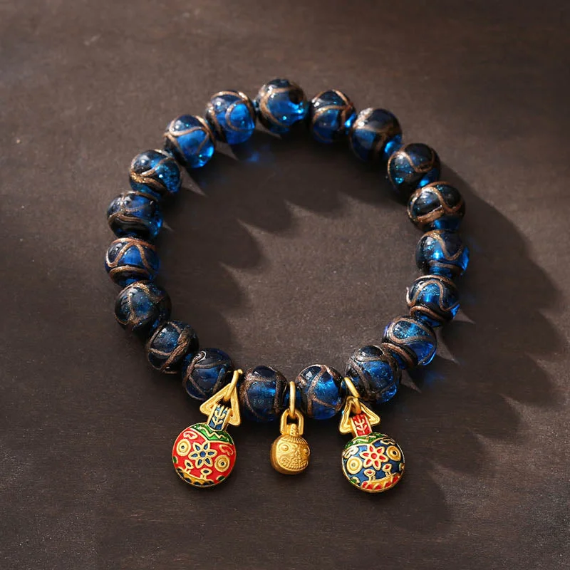 Elegant Metal Bracelets for Men with Simple Designs-Buddha Stones Gold Swallowing Beast Luck Charm Blue Liuli Glass Bead Fortune Bracelet Elegant Metal Bracelets for Men with Simple Designs-Buddha Stones Gold Swallowing Beast Luck Charm Blue Liuli Glass Bead Fortune Bracelet
