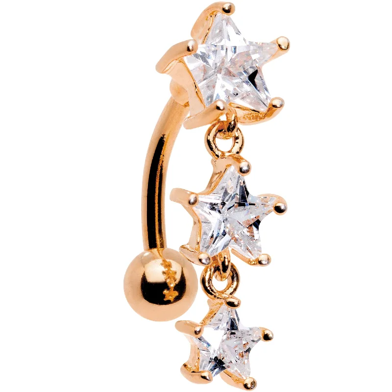 Belly Rings with Beautiful Detailing for Chic Style -Clear CZ Gem Rose Gold Plated Triple Star Top Mount Dangle Belly Ring Belly Rings with Beautiful Detailing for Chic Style -Clear CZ Gem Rose Gold Plated Triple Star Top Mount Dangle Belly Ring