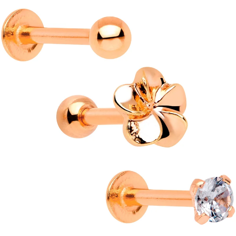 Women's Earrings – Elegant Designs for Every Personality--16 Gauge 1/4 Clear Gem Rose Gold Tone Deco Cartilage Tragus Set of 3