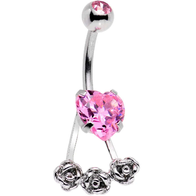 Trendy Belly Rings for Bold Statement -Pink CZ Gem Heart Kissed Rose Flower Dangle Belly Ring Trendy Belly Rings for Bold Statement -Pink CZ Gem Heart Kissed Rose Flower Dangle Belly Ring