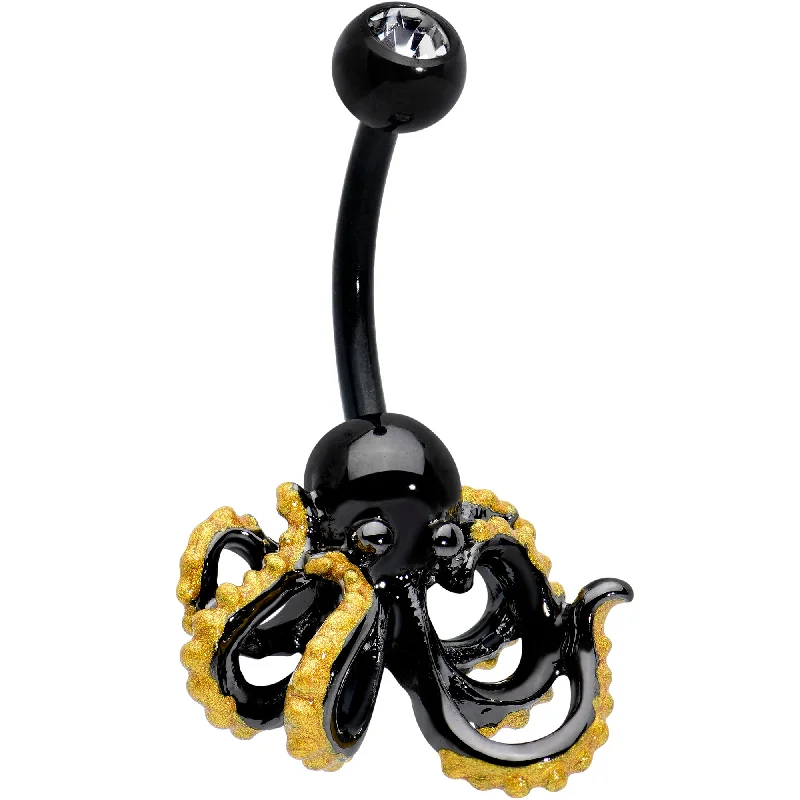 Custom Belly Rings for Exclusive Style -Clear Gem Black Understated Octopus Belly Ring Custom Belly Rings for Exclusive Style -Clear Gem Black Understated Octopus Belly Ring
