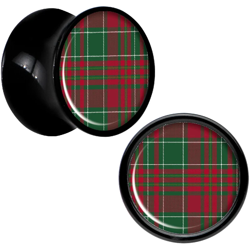 Women's Earrings – Elegant Designs for Every Personality--Christmas Red Green Plaid Black Acrylic Saddle Plug Set Sizes 5mm to 20mm