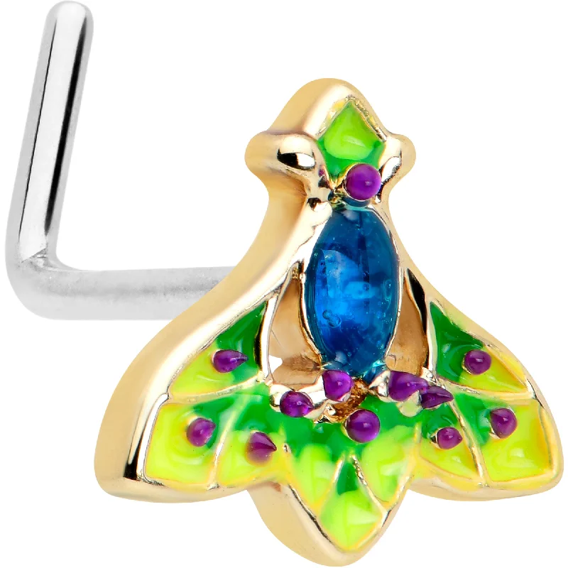 Nose Rings with Large Designs -20 Gauge 7mm Blue Gem Tropic Fan L Shape Nose Ring