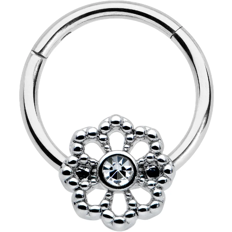 Tribal Nose Rings -16 Gauge 3/8 Clear Gem Epic Fabulous Flower Hinged Segment Ring