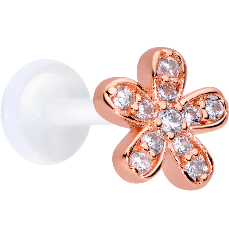 Silver Lip Rings for Subtle Shine16 Gauge 5/16 Clear Gem Flexible Bioplast Hippie Flower Labret Monroe Tragus