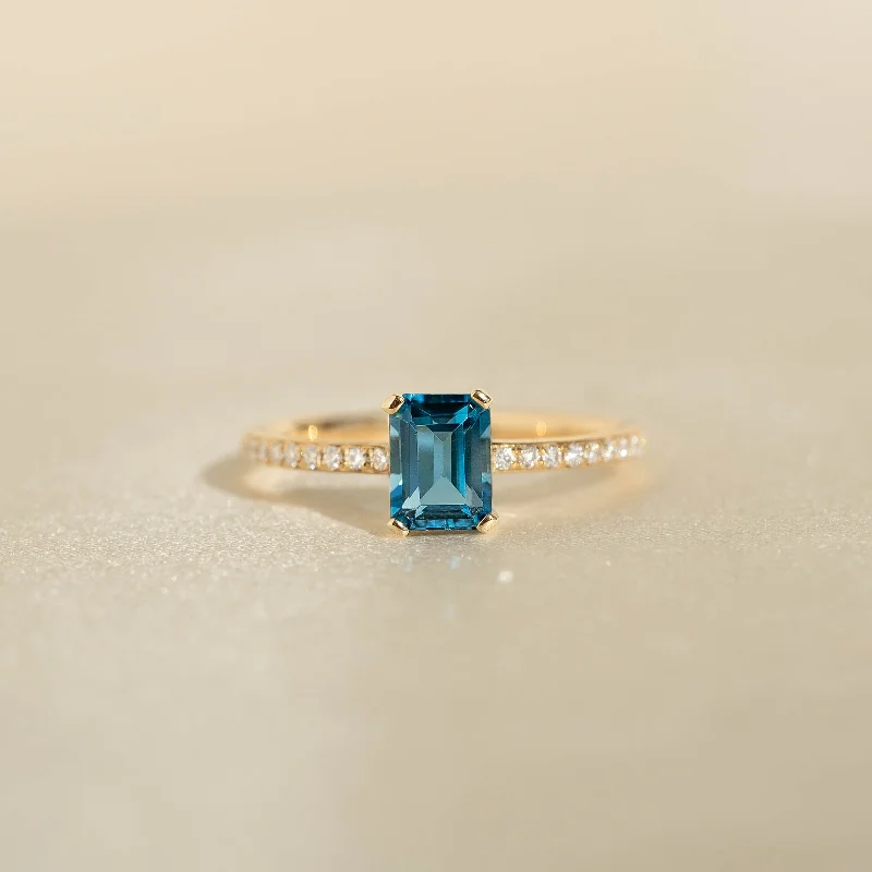 Chic Women's Rings for Fashion-Forward Looks-Baguette London Blue Topaz and Diamond Ring 14k Gold - Safiya Chic Women's Rings for Fashion-Forward Looks-Baguette London Blue Topaz and Diamond Ring 14k Gold - Safiya