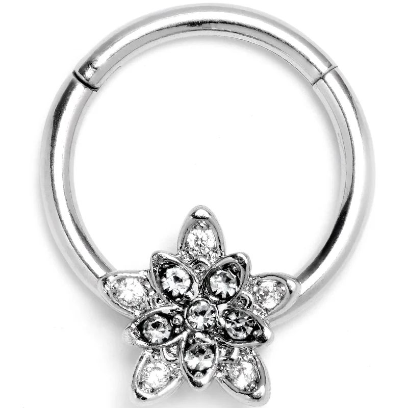 Nose Rings for Special Occasions and More -16 Gauge 3/8 Clear CZ Gem Snowflake Flower Hinged Segment Ring