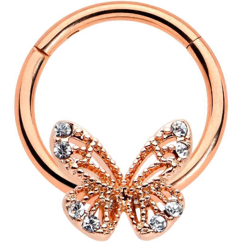 Stylish Gold Nose Rings with Elegant Designs -16 Gauge 3/8 Clear Gem Rose Gold Hue Air Butterfly Hinged Segment Ring Stylish Gold Nose Rings with Elegant Designs -16 Gauge 3/8 Clear Gem Rose Gold Hue Air Butterfly Hinged Segment Ring
