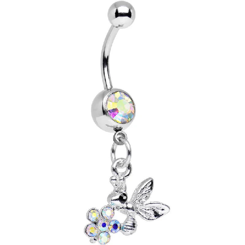 Chic Belly Rings with Gemstone Accents -Aurora Gem Princess Honeypot Bee and Flashy Flower Dangle Belly Ring Chic Belly Rings with Gemstone Accents -Aurora Gem Princess Honeypot Bee and Flashy Flower Dangle Belly Ring