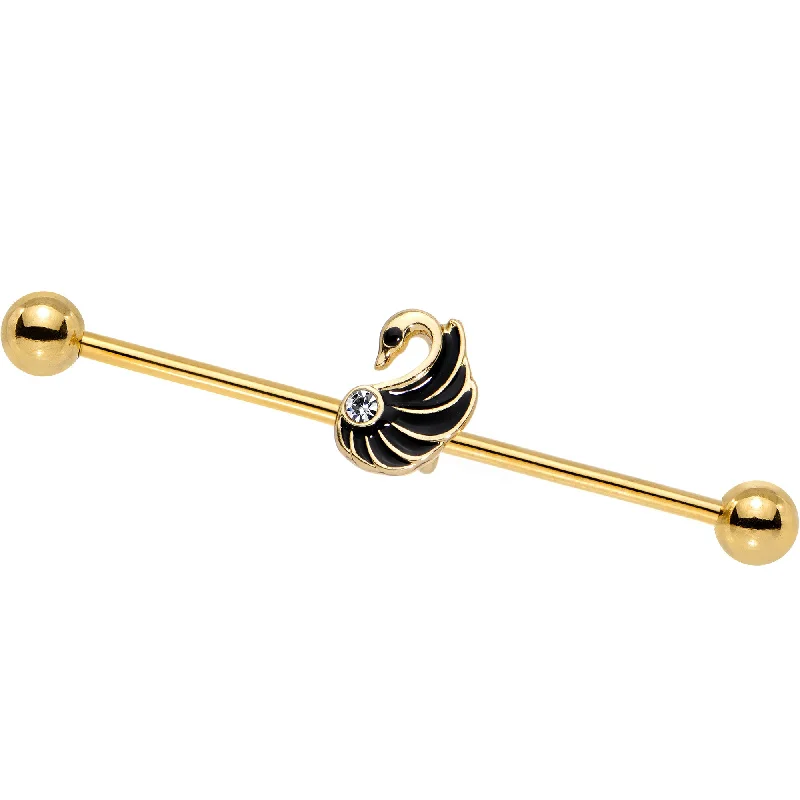 Women's Earrings – Elegant Designs for Every Personality--Clear Gem Gold PVD Fluttering Swan Feather Industrial Barbell 38mm Women's Earrings – Elegant Designs for Every Personality--Clear Gem Gold PVD Fluttering Swan Feather Industrial Barbell 38mm