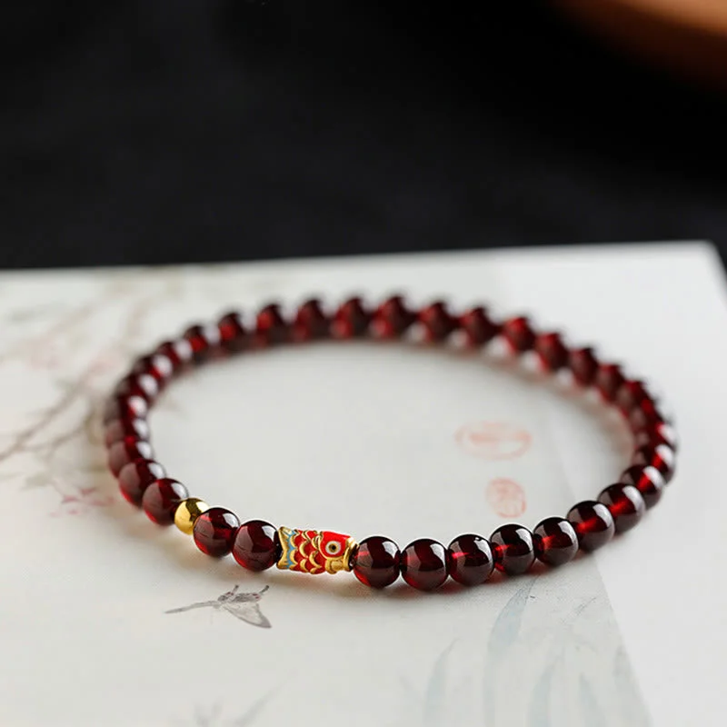 Unique Bangles for Women-Buddha Stones 999 Gold Koi Fish Natural Garnet Protection Bracelet