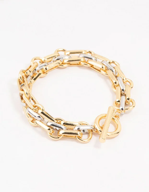 Minimalist Gold Bangles for Women-Mixed Metals Statement Toggle Chain Bracelet