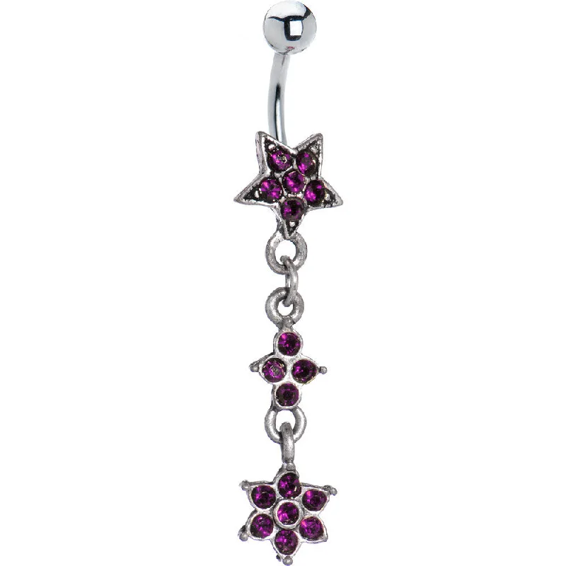 Belly Rings with Beautiful Designs for Trendy Looks -Antique Silver Violet Gem Flourishing Star Dangle Belly Ring Belly Rings with Beautiful Designs for Trendy Looks -Antique Silver Violet Gem Flourishing Star Dangle Belly Ring