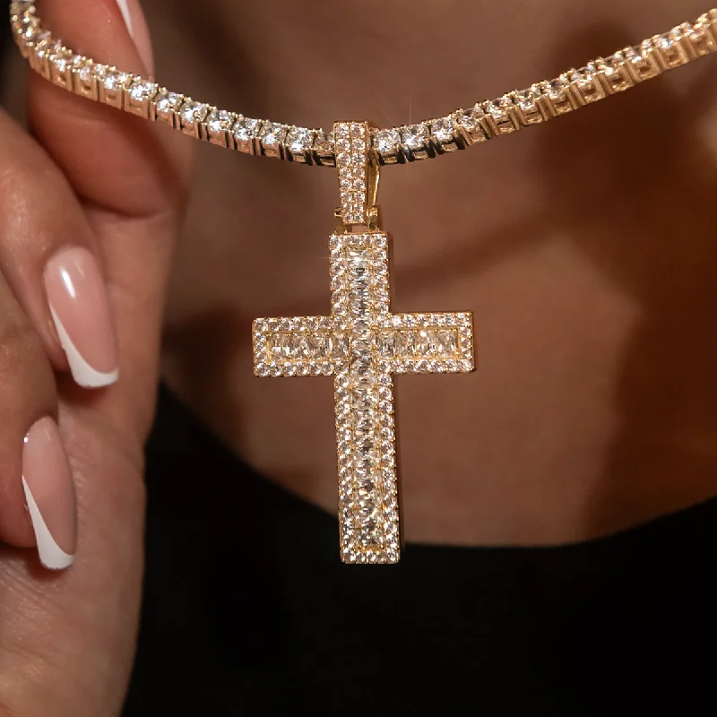 Shop Classic Women's Necklaces & Pendants with a Modern Twist-Diamond Baguette Cross Pendant in Yellow Gold Shop Classic Women's Necklaces & Pendants with a Modern Twist-Diamond Baguette Cross Pendant in Yellow Gold