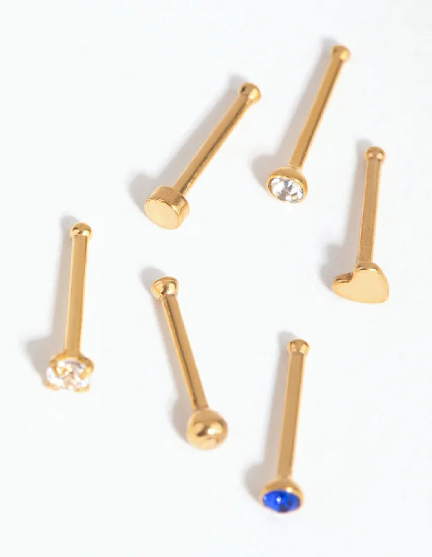 Simple Nose Rings for Casual Days -Gold Surgical Steel Heart Diamante Nose Stud 6-Pack Simple Nose Rings for Casual Days -Gold Surgical Steel Heart Diamante Nose Stud 6-Pack