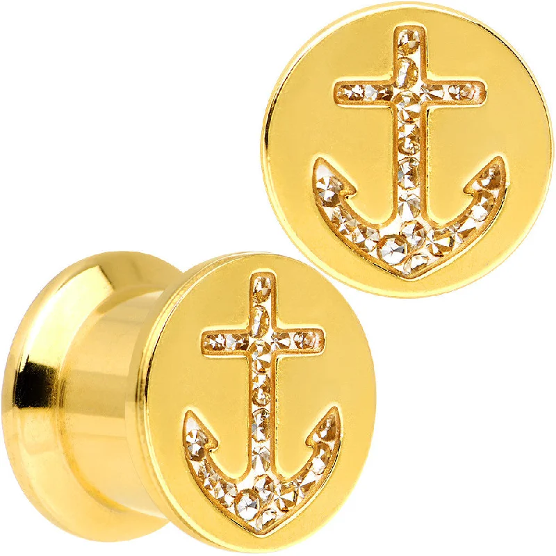 Women's Earrings – Elegant Designs for Every Personality--00 Gauge Gold Plated Steel Clear Gem Anchor Saddle Stash Plug Set Women's Earrings – Elegant Designs for Every Personality--00 Gauge Gold Plated Steel Clear Gem Anchor Saddle Stash Plug Set