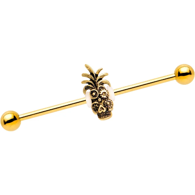 Women's Earrings – Elegant Designs for Every Personality--Gold PVD Steampunk Tiki Skull Headdress Industrial Barbell 38mm Women's Earrings – Elegant Designs for Every Personality--Gold PVD Steampunk Tiki Skull Headdress Industrial Barbell 38mm