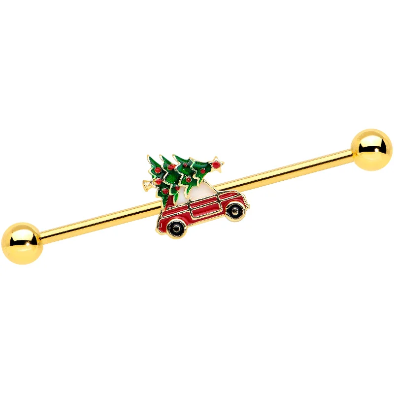 Women's Earrings – Elegant Designs for Every Personality--14 Gauge Gold Tone Buggy Christmas Tree Industrial Barbell 38mm