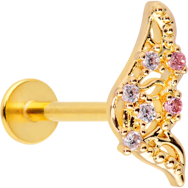 Beautiful Lip Rings with Polished Accents16 Gauge 5/16 Clear Pink Gem Gold Tone Airy Wing Labret Monroe Tragus