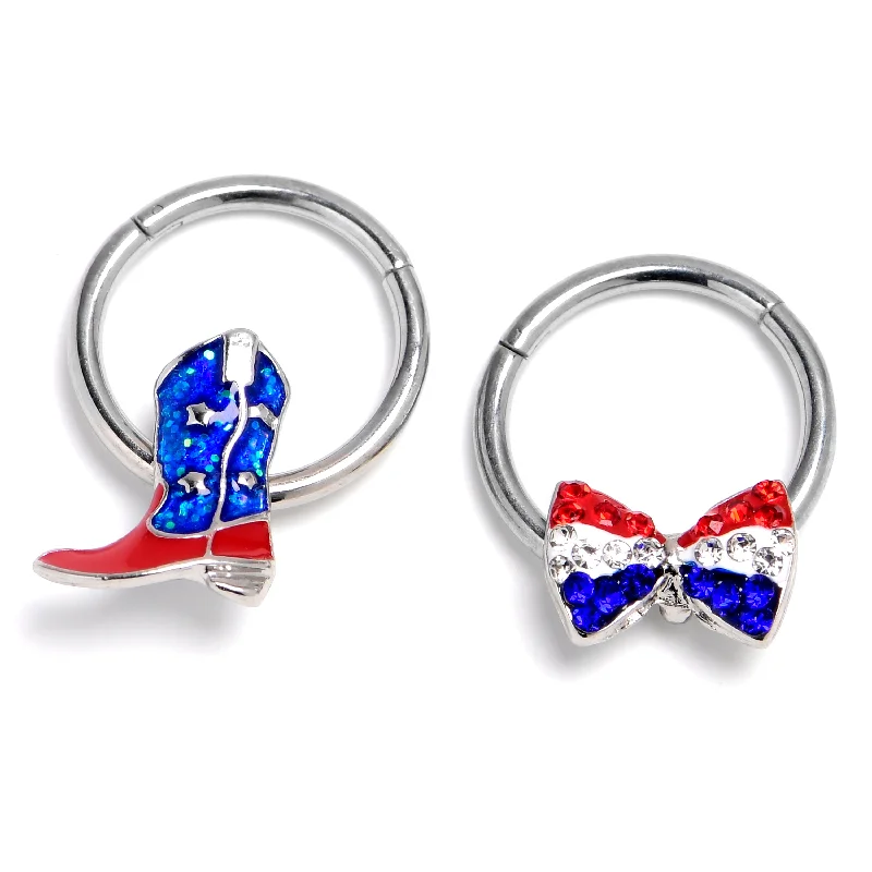 Nose Rings with Unique Designs for All -16 Gauge 3/8 Red Blue Gem Bow Cowboy Boot Hinged Segment Ring Set of 2 Nose Rings with Unique Designs for All -16 Gauge 3/8 Red Blue Gem Bow Cowboy Boot Hinged Segment Ring Set of 2
