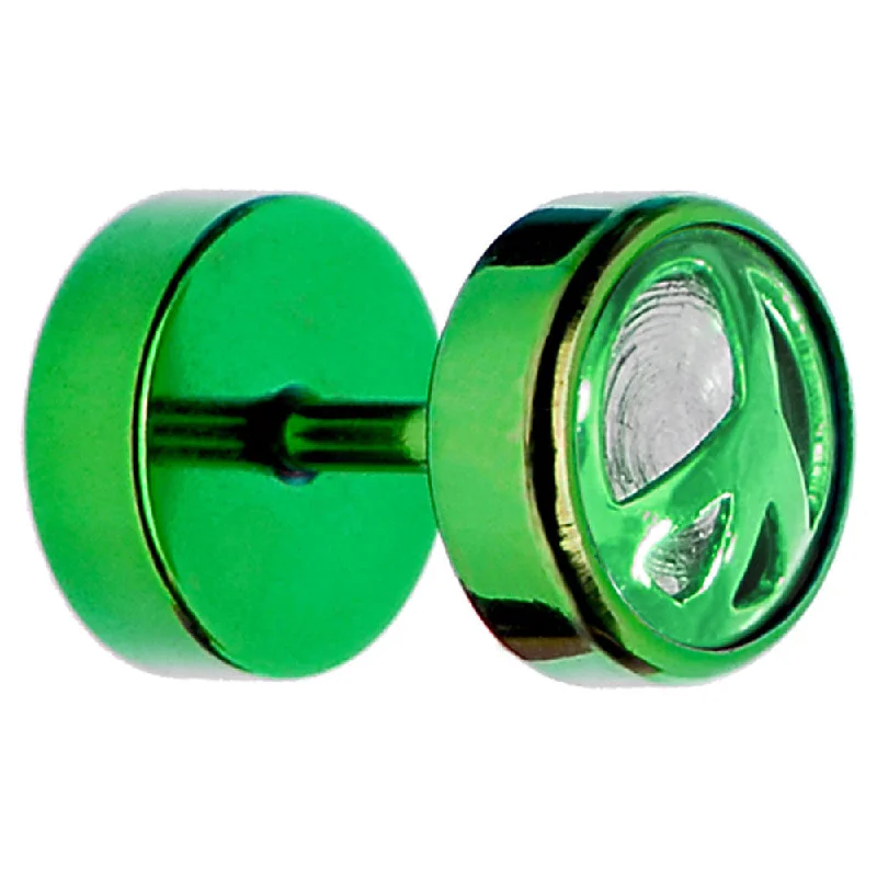 Women's Earrings – Elegant Designs for Every Personality--Green Anodized Titanium Peace Sign Cheater Plug
