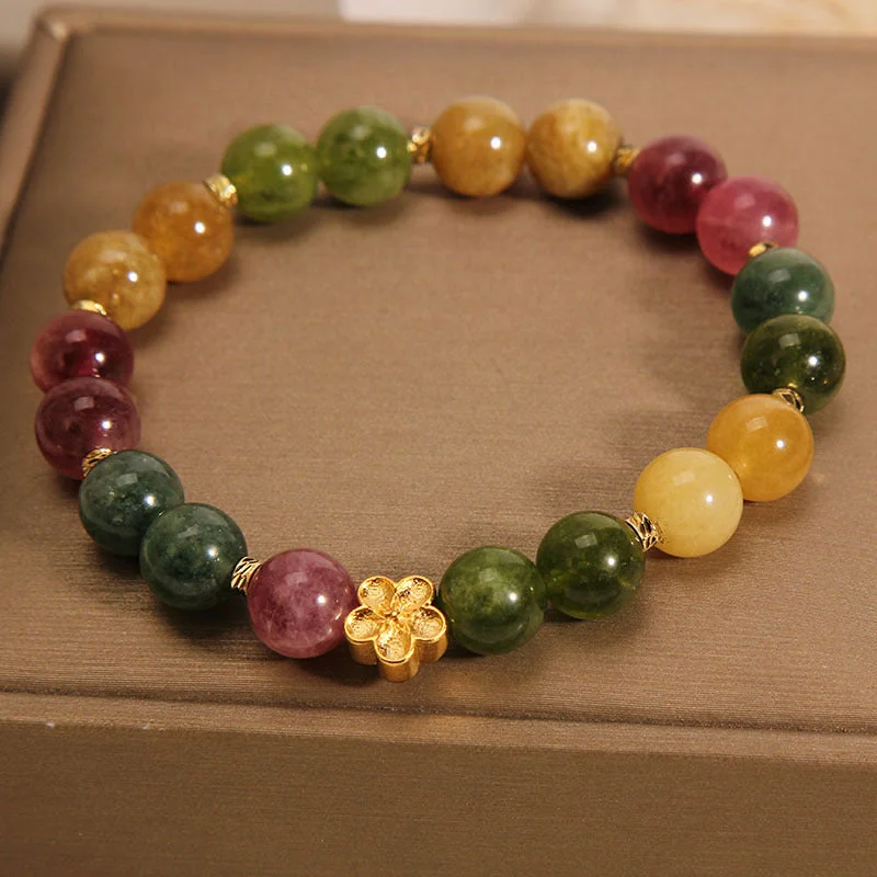 Large Wedding Bangles for Women-Buddha Stones Natural Colorful Tourmaline Golden Flower Positive Bracelet Large Wedding Bangles for Women-Buddha Stones Natural Colorful Tourmaline Golden Flower Positive Bracelet