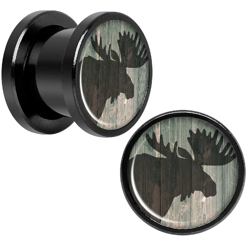 Women's Earrings – Elegant Designs for Every Personality--Holiday Rustic Wood Moose Black Screw Fit Plug Set Sizes 5mm to 20mm