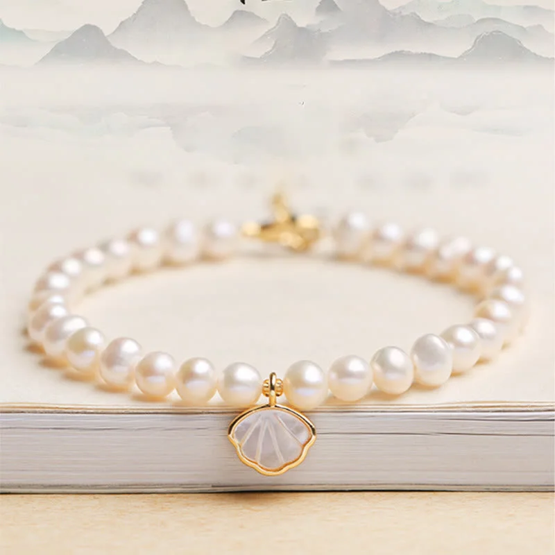Colorful Crystal Bangles for Women-Buddha Stones 14K Gold Plated Natural Pearl Crystal Shell Charm Bead Bracelet Colorful Crystal Bangles for Women-Buddha Stones 14K Gold Plated Natural Pearl Crystal Shell Charm Bead Bracelet