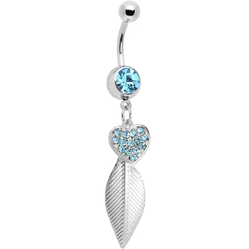 Comfortable Belly Rings for Active Fashion -Aqua Gem Heart of Palm Leaf Belly Ring