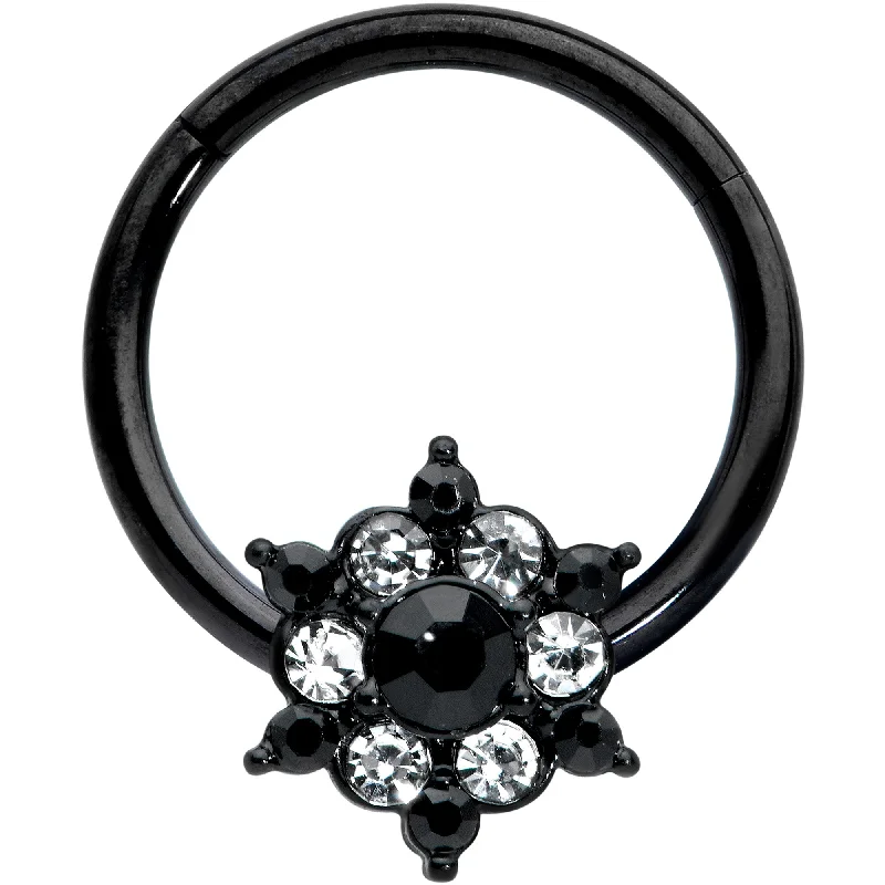 Nose Rings for All Styles -16 Gauge 3/8 Clear CZ Gem Black Abstract Sun Hinged Segment Ring Nose Rings for All Styles -16 Gauge 3/8 Clear CZ Gem Black Abstract Sun Hinged Segment Ring
