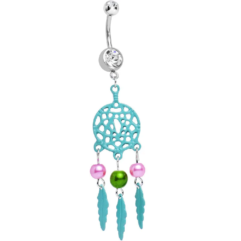 Comfortable Belly Rings for Fashionable Comfort -Clear Double CZ Pearly Aqua Reverie Dreamcatcher Dangle Belly Ring Comfortable Belly Rings for Fashionable Comfort -Clear Double CZ Pearly Aqua Reverie Dreamcatcher Dangle Belly Ring