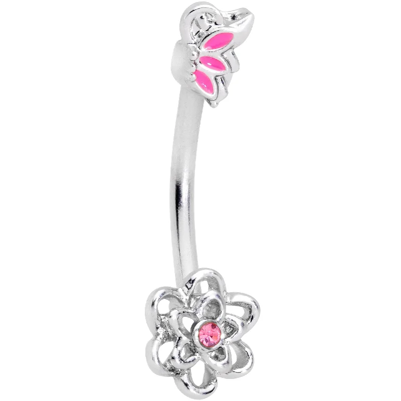 Women's Earrings – Elegant Designs for Every Personality--16 Gauge 3/8 Pink Gem Butterfly Loopy Flower Curved Eyebrow Ring
