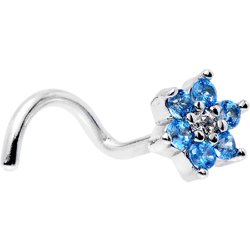 Elegant Silver Nose Rings -18 Gauge 1/4 Aqua Blue and Clear CZ Gem Flower Right Nose Screw Elegant Silver Nose Rings -18 Gauge 1/4 Aqua Blue and Clear CZ Gem Flower Right Nose Screw