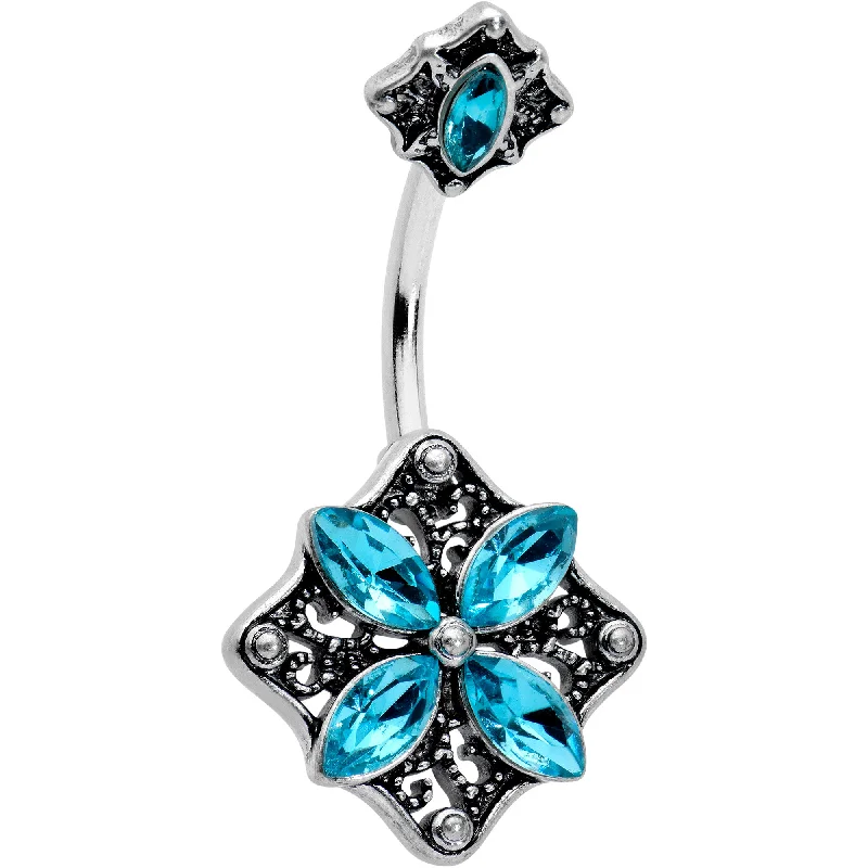 Belly Rings with Beautiful Designs for Trendy Looks -Blue Gem Baroque Rhombus Flower Double Mount Belly Ring