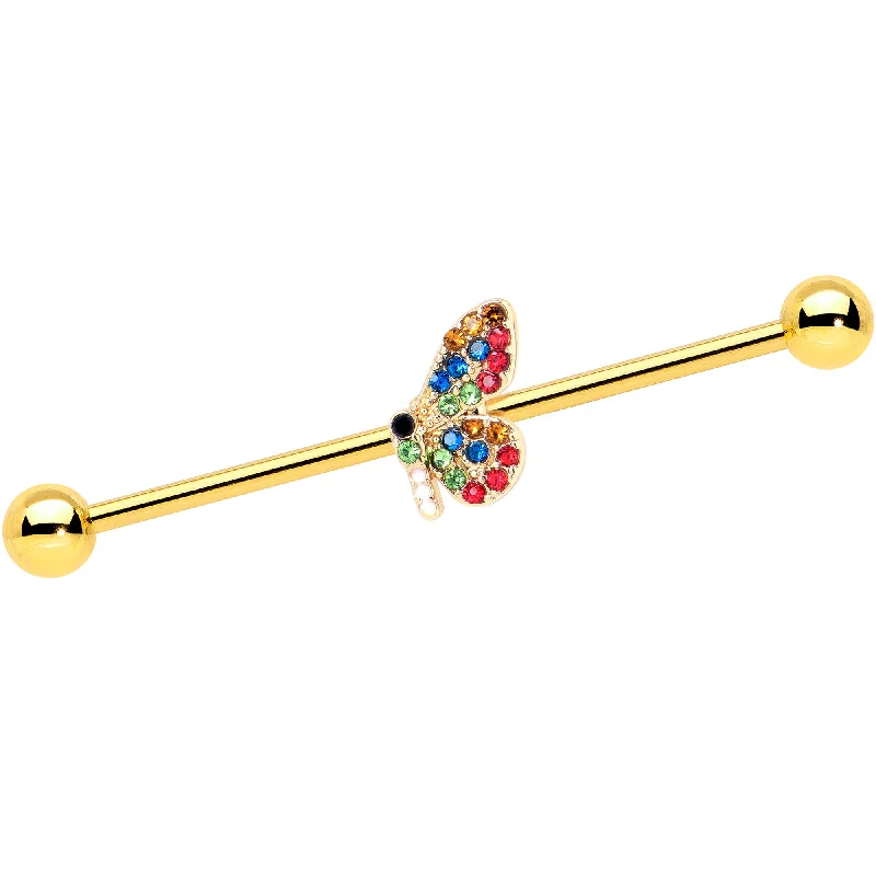 Women's Earrings – Elegant Designs for Every Personality--14 Gauge Red Blue Gem Gold Tone Butterfly Industrial Barbell 38mm