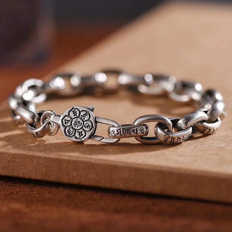 Men's Stretch Bracelets-Buddha Stones 925 Sterling Silver Six True Words Wisdom Calm Bracelet Men's Stretch Bracelets-Buddha Stones 925 Sterling Silver Six True Words Wisdom Calm Bracelet