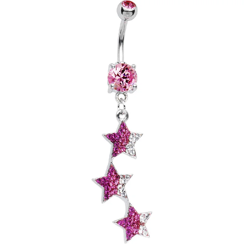 Trendy Belly Rings for Fashion Enthusiasts -Pink Cubic Zirconia Triple Star Drop Belly Ring Trendy Belly Rings for Fashion Enthusiasts -Pink Cubic Zirconia Triple Star Drop Belly Ring