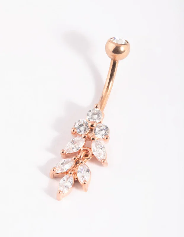 Stunning Belly Rings for Bold Fashion Statements -Rose Gold Plated Titanium Marquise Diamante Belly Bar Stunning Belly Rings for Bold Fashion Statements -Rose Gold Plated Titanium Marquise Diamante Belly Bar