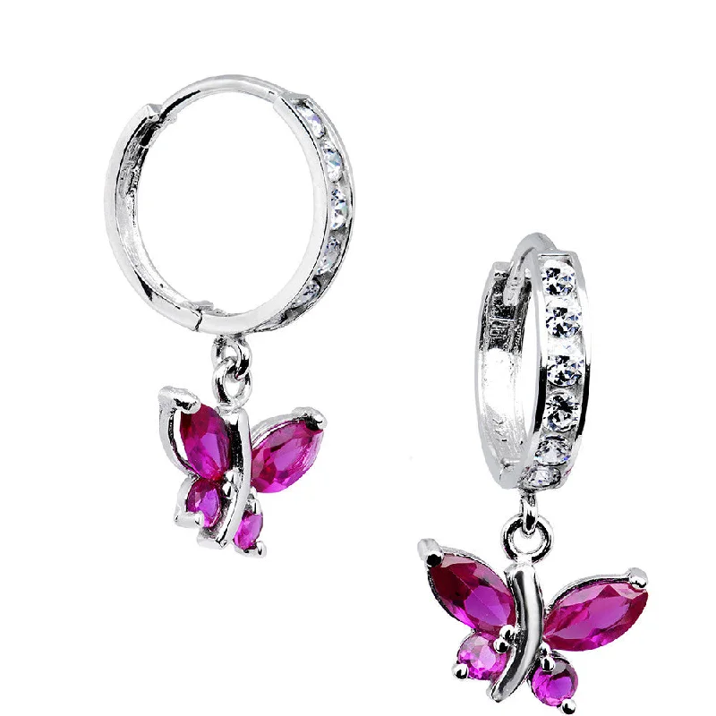 Women's Earrings – Elegant Designs for Every Personality--14kt White Gold Fuchsia CZ Butterfly Huggy Earrings Women's Earrings – Elegant Designs for Every Personality--14kt White Gold Fuchsia CZ Butterfly Huggy Earrings