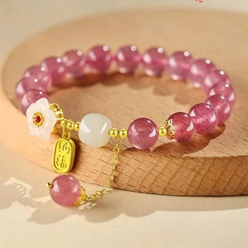 Women's Bangles with Semi-Precious Stones-Buddha Stones Strawberry Quartz Fu Character Pink Crystal Healing Bracelet Women's Bangles with Semi-Precious Stones-Buddha Stones Strawberry Quartz Fu Character Pink Crystal Healing Bracelet