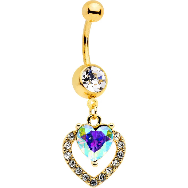 Trendy Belly Rings with Creative Accents -Clear Aurora Gem Gold Tone Rococo Heart Dangle Belly Ring Trendy Belly Rings with Creative Accents -Clear Aurora Gem Gold Tone Rococo Heart Dangle Belly Ring