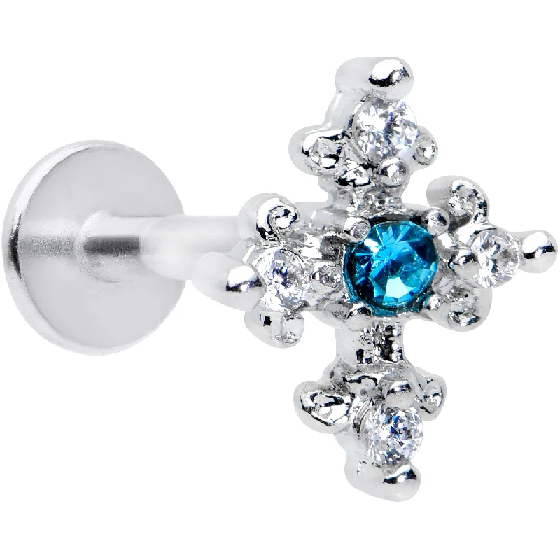 Stunning Silver Lip Rings for Classic Beauty16 Gauge 5/16 Clear Blue Gem Renaissance Cross Labret Monroe Tragus