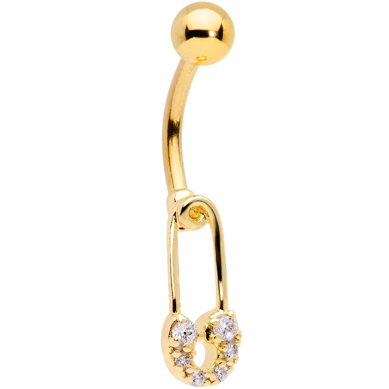 Comfortable Belly Rings for Chic Comfort -Clear CZ Gem Gold Tone Not Quite Punk Rock Safety Pin Belly Ring Comfortable Belly Rings for Chic Comfort -Clear CZ Gem Gold Tone Not Quite Punk Rock Safety Pin Belly Ring