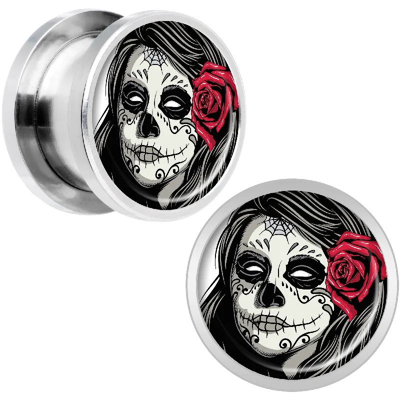 Women's Earrings – Elegant Designs for Every Personality--Katrina Sugar Skull with Rose Flower Steel Screw Fit Plug Set 1/2 Women's Earrings – Elegant Designs for Every Personality--Katrina Sugar Skull with Rose Flower Steel Screw Fit Plug Set 1/2